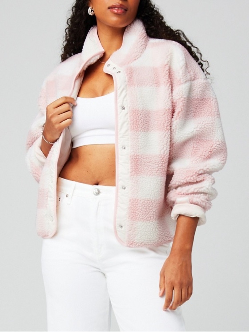 Fabletics Tahoe Teddy Jacket in Champagne Blush Buffalo Check Size Small NEW - Picture 13 of 13